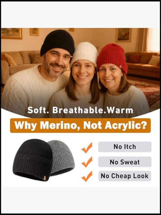 80% Merino Wool Satin Lined Oversized Beanie Winter Hat Cuffed Watch Cap